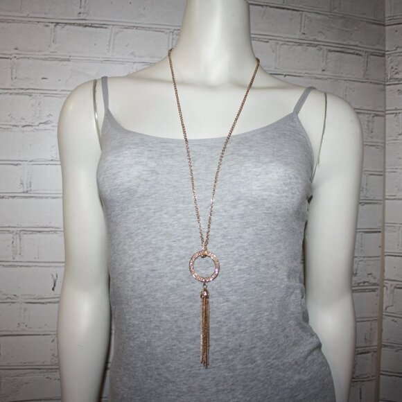 Beautiful gold chain necklace with cognac rhinestones and tassel 32-34" - Picture 1 of 4